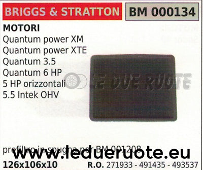 271933 491435 SPUGNA FILTRO ARIA MOTORE BRIGGS & STRATTON QUANTUM POXWER XM XTE