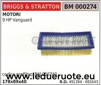491384 691643 FILTRO ARIA MOTORE BRIGGS & STRATTON 9HP VANGUARD 9 HP 178x89x40