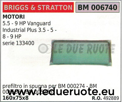 492889 SPUGNA FILTRO ARIA MOTORE  BRIGGS & STRATTON 3.5 5 5.5 8 9 HP 160x75x8