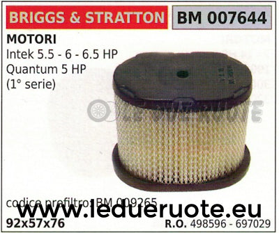 498596 FILTRO ARIA BRIGGS & STRATTON INTEK 5.5 6 6.5 HP QUANTUM 5 HP 92x57x76