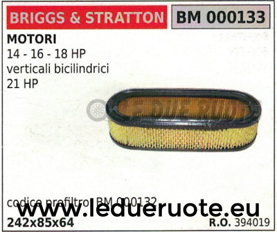 394019 FILTRO ARIA completo MOTORE BRIGGS & STRATTON 14 16 18 21 HP 242x85x64