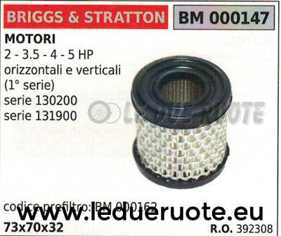 392308 FILTRO ARIA MOTORE BRIGGS & STRATTON 2 3.5 4 5 HP 73x70x32 130200 131900