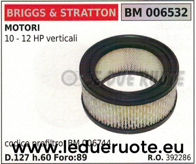 392286 FILTRO ARIA MOTORE BRIGGS & STRATTON 10 12 HP Ø 127 FORO Ø 89 ALTEZZA 60