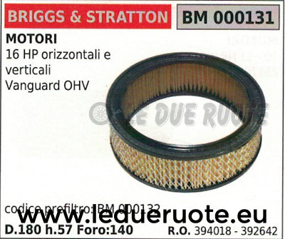 394018 392642 FILTRO ARIA BRIGGS & STRATTON 16 HP VANGUARD OHV Ø 180 FORO Ø 140