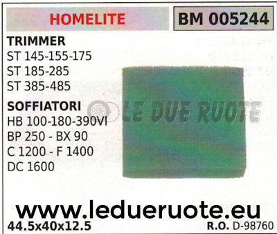 SPUGNA FILTRO ARIA SOFFIATORE HOMELITE 100 180 390VI 250 90 1200 1400 1500