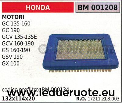 17211ZL8003 FILTRO ARIA MOTORE HONDA GC 135 160 190 GX 100 GS 160 190 132x114x20