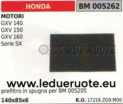 17218ZG9M00 SPUGNA FILTRO ARIA MOTORE HONDA GVX 140 150 160 140x85x6 SERIE X