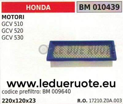 17210ZOA003 FILTRO ARIA MOTORE HONDA GCV510 520 530 220x120x23