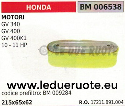17211891004 FILTRO ARIA MOTORE HONDA GV 340 400 400K1 10 11 HP 215x65x62