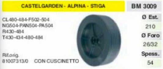 810073130 RUOTA RASAERBA tosaerba CASTELGARDEN ALPINA STIGA CON CUSCINETTO Ø 210