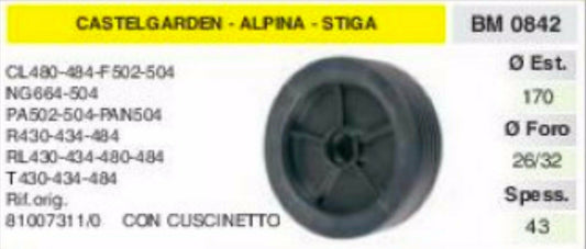 810073110 RUOTA RASAERBA tosaerba CASTELGARDEN ALPINA STIGA CON CUSCINETTO Ø 170