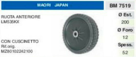 MZ80102242100 RUOTA anteriore RASAERBA tosaerba MAORI LM535KX 535 con cuscinetto