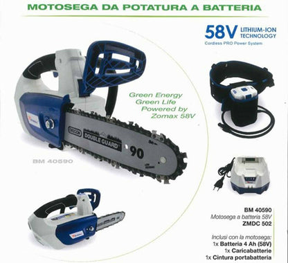 MOTOSEGA DA POTATURA A BATTERIA 58V ZOMAX 502 4AH + CARICATORE + CINTURA pota