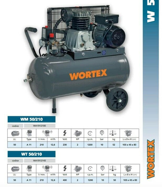 COMPRESSORE WORTEX 50 LITRI 2Hp PORTATILE 230V MONOFASE 50 lt/min WHC50/210