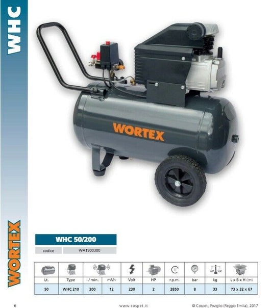 COMPRESSORE WORTEX 50 LITRI 2Hp PORTATILE 230V MONOFASE 200 lt/min WHC50/210
