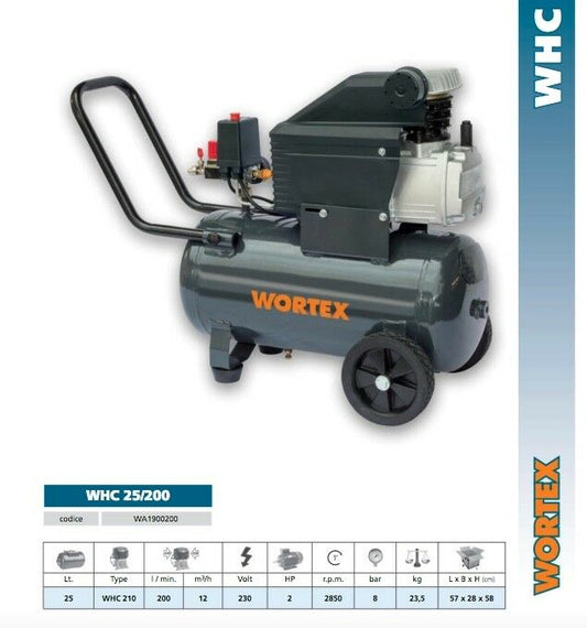 COMPRESSORE WORTEX 25 LITRI 2Hp PORTATILE 230V MONOFASE 200 lt/min WHC25/200