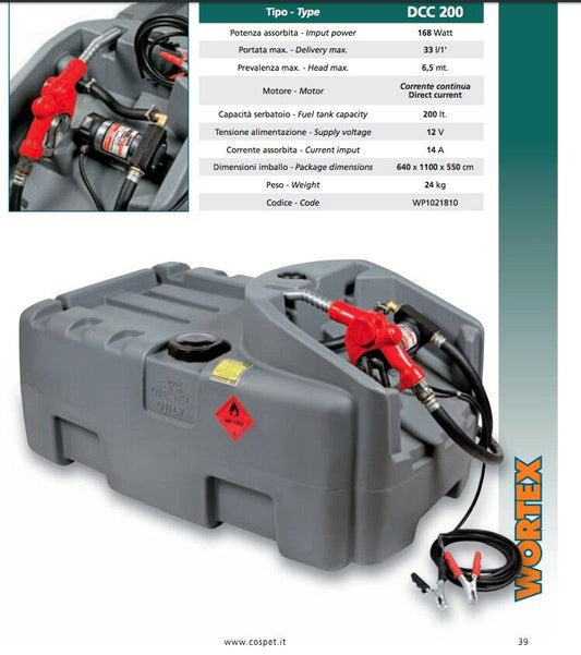SET PORTATILE TRAVASO GASOLIO SERBATOIO 200L POMPA 12V WORTEX TUBO PROFESSIONALE
