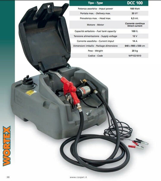 SET PORTATILE TRAVASO GASOLIO SERBATOIO 100L POMPA 12V WORTEX TUBO PROFESSIONALE