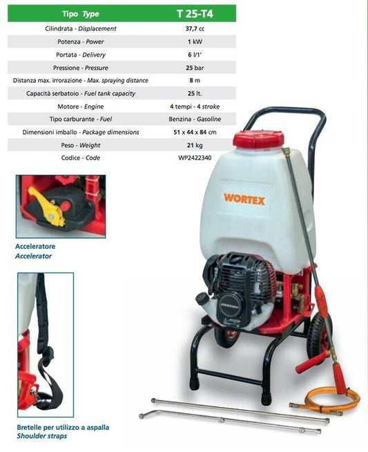 POMPA IRRORATRICE WORTEX T25-T4 diserbo MOTORE 37,7cc benzina 4T 25L TROLLEY