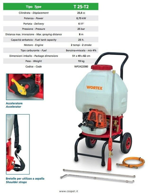 POMPA IRRORATRICE WORTEX T25-T2 diserbo MOTORE 25,6cc benzina 2T 25L TROLLEY