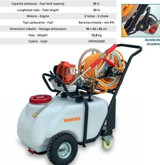POMPA IRRORATRICE WORTEX C50-T2 diserbo MOTORE 25,6cc benzina 2T 50L CARRELLO