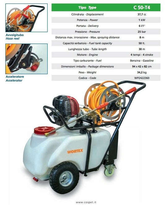 POMPA IRRORATRICE WORTEX C50-T4 diserbo MOTORE 37,7cc benzina 4T 50L CARRELLO