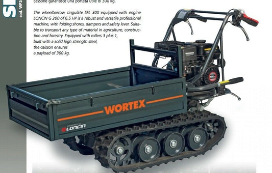 MOTOCARRIOLA CINGOLATA WORTEX SFL 300 MOTORE LONCIN G200 6,5HP 196cc BENZINA 300Kg