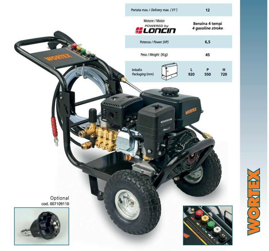 IDROPULITRICE BENZINA WORTEX LW 12/180 MOTORE LONCIN 4T 6,5 HP 186bar