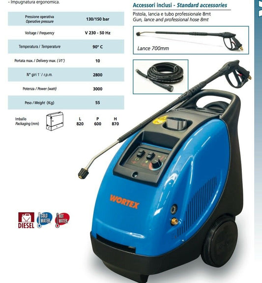 IDROPULITRICE DIESEL WORTEX VAPO 10/130 ACQUA CALDA 90°C 3000W 2800 giri/min