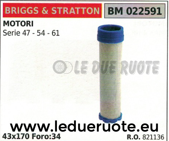 821136 FILTRO ARIA MOTORE BRIGGS & STRATTON SERIE 47 54 61 43x170