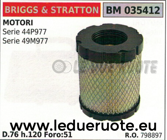 798897 FILTRO ARIA BRIGGS & STRATTON SERIE 44P977 49M977 D.76 H.120 FORO.51