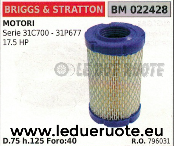 796031 FILTRO ARIA MOTORE BRIGGS & STRATTON SERIE 31C700 31P677 17.5HP H.125