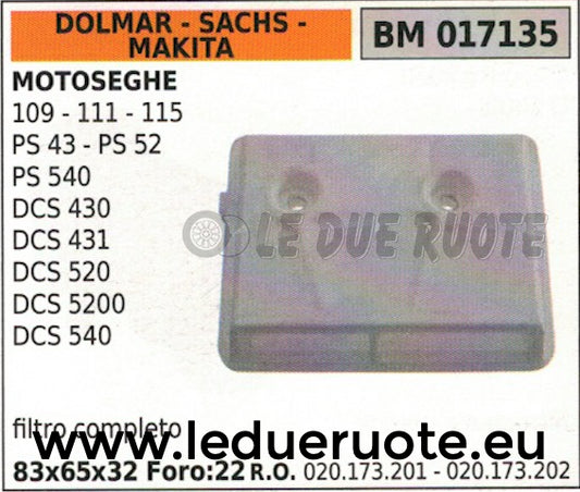 020173202 FILTRO ARIA MOTOSEGA DOLMAR SACHS MAKITA 109 111 115 PS 43 52 83x65x32