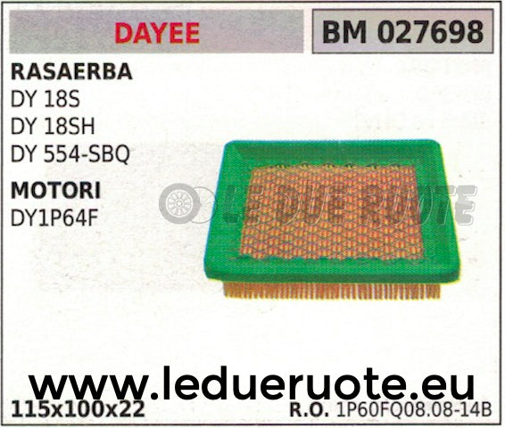 FILTRO ARIA RASAERBA TOSAERBA DY 18S 18SH 554-SQB MOTORE DAYEE DY1P64F 115x100