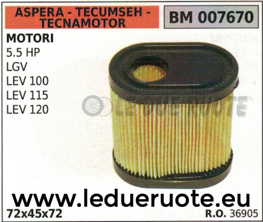 36905 FILTRO ARIA ASPERA TECUMSEH TECNAMOTOR 5.5 HP 72x45x72 LGV LEV 100 115 120