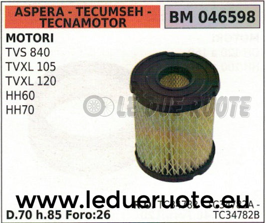 34782B FILTRO ARIA ASPERA TECUMSEH TECNAMOTOR TVS 840 TVXL 105 120 HH 60 70 D70