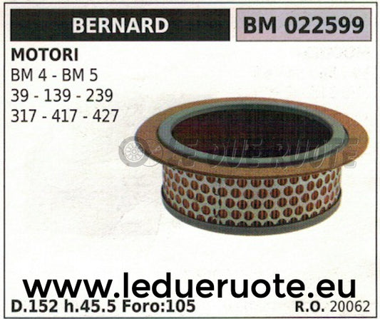 20062 FILTRO ARIA COMPLETO MOTORE BERNARD BM 4 5 39 139 239 317 417 427 D 152