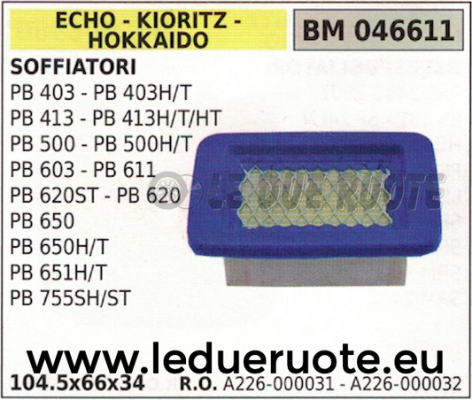 22600031 FILTRO ARIA SOFFIATORE ECHO KIORITZ HOKKAIDO PB 650 651 755 104.5x66x34
