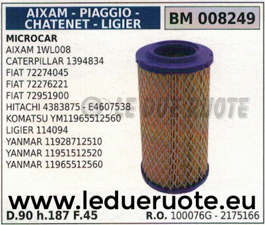 100076G 2175166 FILTRO ARIA MICROCAR AIXAM PIAGGIO CHATENET LIGIER Ø90 H187 F45