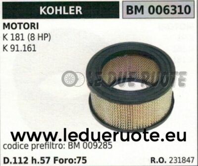 231847 FILTRO ARIA MOTORE KOHLER K 181 8HP K 91.161 112x57x75