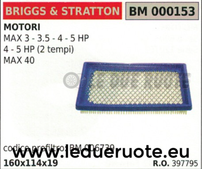 397795 FILTRO ARIA MOTORE BRIGGS & STRATTON MAX 40 3 3,5 4 5 HP 160x11