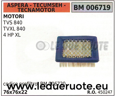 450247 FILTRO ARIA ASPERA TECUMSEH TECNAMOTOR TVS TVXL 840 4 HP XL 76x76x22