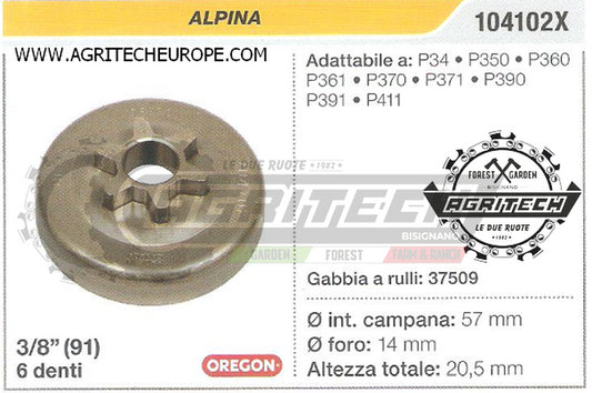 104102X OREGON PIGNONE CAMPANA FRIZIONE MOTOSEGA ALPINA P411  .3/8" 6 DENTI