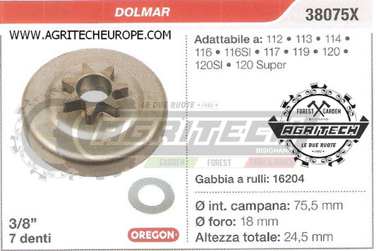 38075X OREGON PIGNONE CAMPANA FRIZIONE MOTOSEGA DOLMAR 120 SUPER  3/8" 7 DENTI