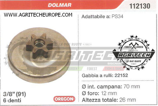 112130 OREGON PIGNONE CAMPANA FRIZIONE MOTOSEGA DOLMAR PS34  3/8" 6 DENTI