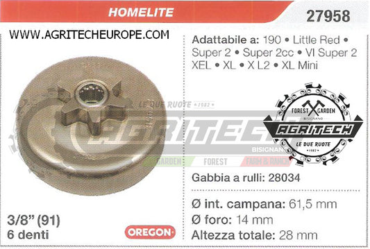 27958 PIGNONE CAMPANA FRIZIONE MOTOSEGA HOMELITE SUPER 2 3/8" 6 DENTI