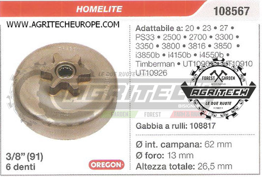 108567 OREGON PIGNONE CAMPANA FRIZIONE MOTOSEGA HOMELITE i4550b 3/8" 6 DENTI