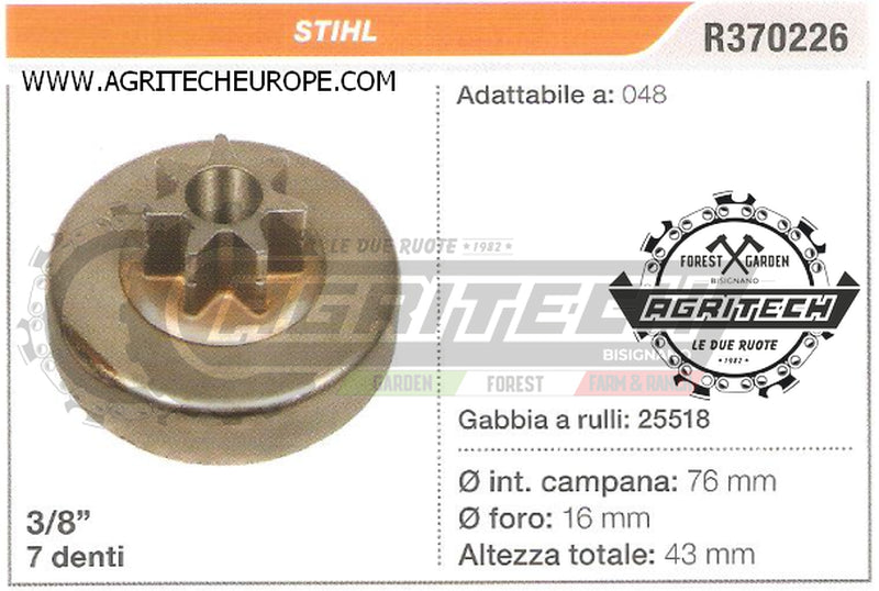 R370226 OREGON PIGNONE CAMPANA FRIZIONE MOTOSEGA STIHL 048  3/8" 7 DENTI