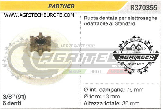 R370355 OREGON PIGNONE MOTOSEGA PARTNER RUOTA DENTATA  STANDARD 3/8" 8 DENTI