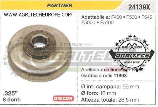 24139X OREGON PIGNONE CAMPANA FRIZIONE MOTOSEGA PARTNER P400 P500 .325" 8 DENTI